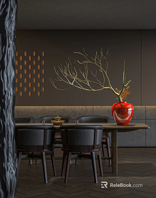 Elegant Dining Table Set With Black Leather Chairs Red Vase And Decorative Branches 3d model