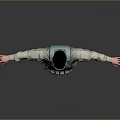 Man In Tactical Military Uniform With Goggles Vest And Arms Outstretched On Gray Background