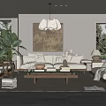 Cozy Modern Living Room Interior With Beige Sofa Wooden Coffee Table And Large Green Plant
