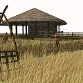 Thatched Roof Wooden House In Wheat Field With Wooden Fence And People Walking
