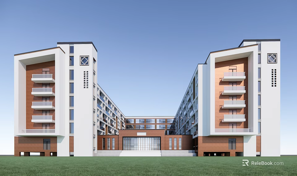 Modern School Building With Symmetrical Design Tall Buildings Central Section And Green Lawn 3d model 