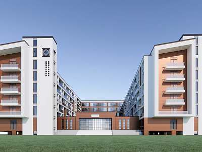 Modern School Building With Symmetrical Design Tall Buildings Central Section And Green Lawn 3d model