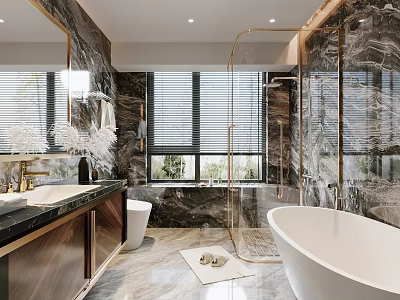 Modern Bathroom Interior Design With Marble Walls Large Mirror Freestanding Bathtub And Vanity 3d model