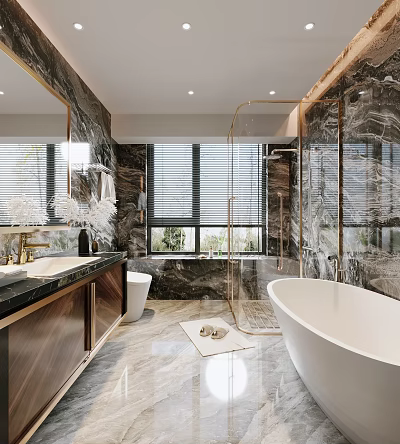 Modern Bathroom Interior Design With Marble Walls Large Mirror Freestanding Bathtub And Vanity 3d model