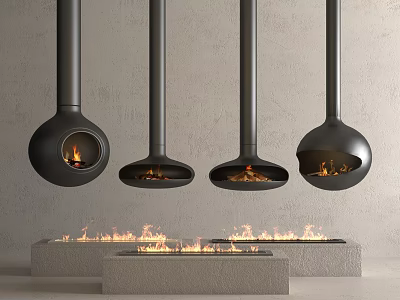 Hanging Black Fireplaces with Flames and Square Stone Bases Against Gray Walls 3d model
