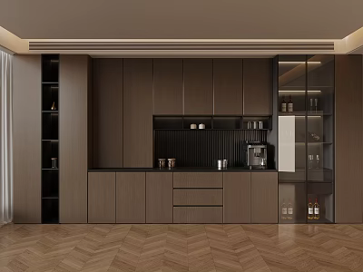 Modern Minimalist Kitchen Interior With Dark Wood Cabinets Glass Door Display And Herringbone Floor 3d model