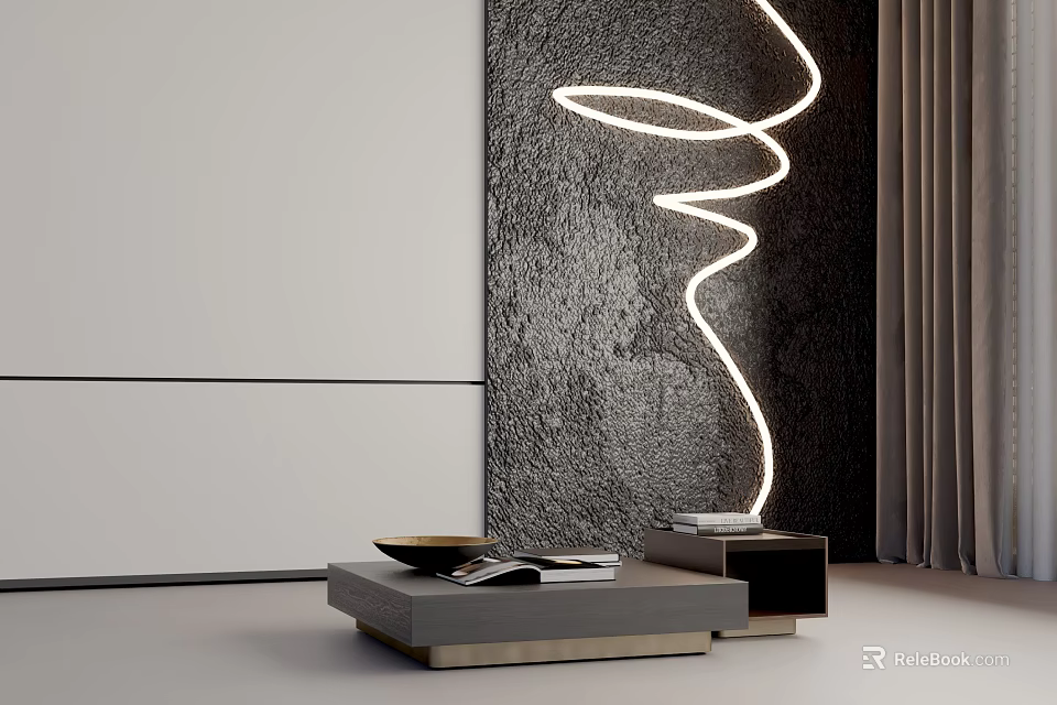 Minimalist Modern Coffee Table With Decorative Tray Magazines And Curved Ambient Lighting In Living Room 3d model 
