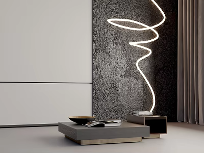 Minimalist Modern Coffee Table With Decorative Tray Magazines And Curved Ambient Lighting In Living Room 3d model