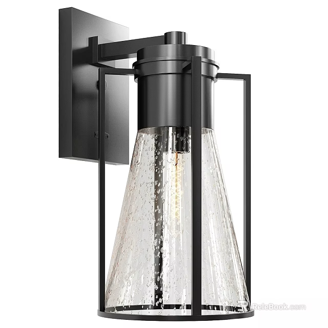 Modern Outdoor Wall Light with Black Metal Frame and Textured Glass Shade 3d model 