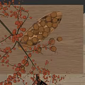 Decorative Ceramic Vessel Holding Nuts And Red Berries On Wooden Tray Surface