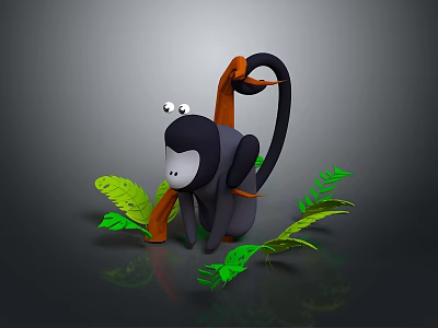 Cartoon Monkey With Black Body White Face And Orange Tail Among Green Leaves 3d model