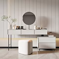 Modern Dressing Table Interior With White Countertop Round Mirror Cosmetics Vase And White Stool 3d model