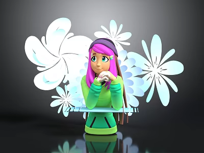 Pink Haired Cartoon Character In Green Hoodie And Headphones Surrounded By White Flower Creatures 3d model