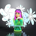 Pink Haired Cartoon Character In Green Hoodie And Headphones Surrounded By White Flower Creatures