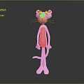 Pink Panther 3D Render with Yellow Eyes White Belly Standing on Gray Background