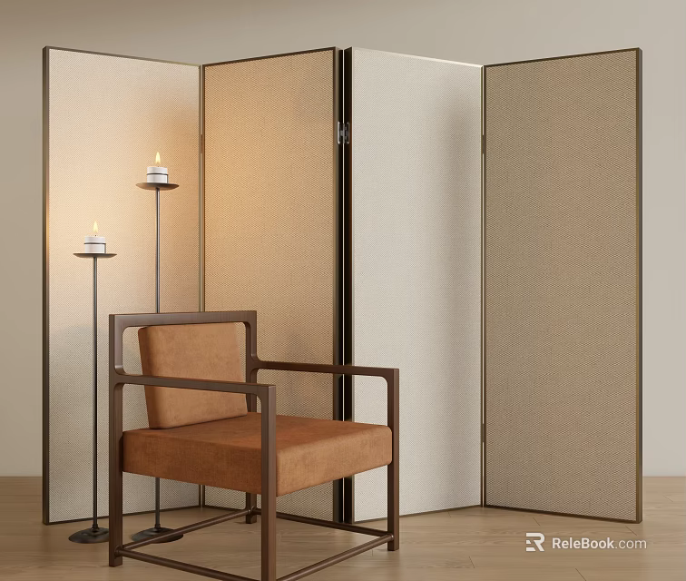 Beige Fabric Folding Panel Room Divider Screen With Brown Armchair And Floor Lamp Interior Setting 3d model 