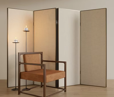 Beige Fabric Folding Panel Room Divider Screen With Brown Armchair And Floor Lamp Interior Setting 3d model