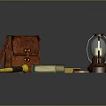 Vintage Adventure Items Including Leather Bag Green Book Compass Lantern Telescope And Box