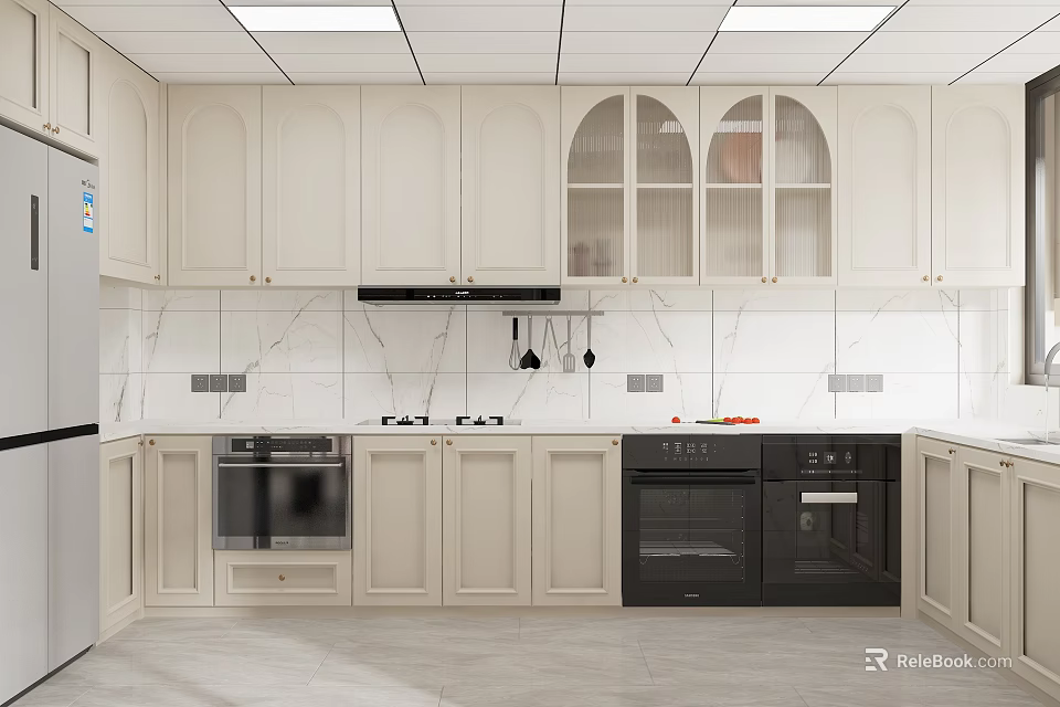 Modern Kitchen With White Cabinets Glass Door Upper Cabinets Marble Countertop And Black Appliances 3d model 