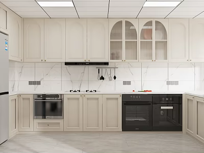 Modern Kitchen With White Cabinets Glass Door Upper Cabinets Marble Countertop And Black Appliances 3d model