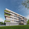 Modern School Building With Glass Facade Open Campus Courtyard Green Plants Flowering Tree And Pedestrians