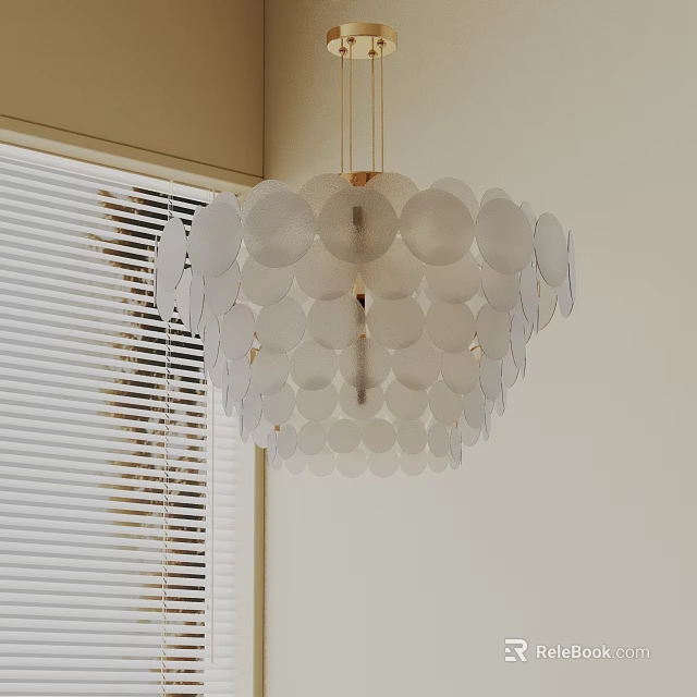 Layered Circular Disc Chandelier Hanging by Window with Blinds and Light Colored Wall 3d model 