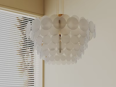Layered Circular Disc Chandelier Hanging by Window with Blinds and Light Colored Wall 3d model