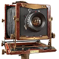 Vintage Cameras With Wooden Metal Structure And Tripod Displayed In Different Angles