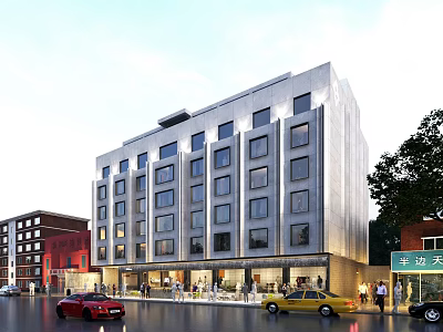 Vibrant Modern Commercial Street With Multi Story Buildings Pedestrians Vehicles And Storefronts 3d model