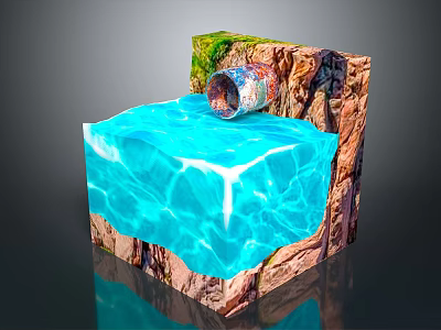 Rock Cube Structure With Blue Water Pool And Metal Pipe Plus Green Vegetation 3d model