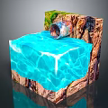Rock Cube Structure With Blue Water Pool And Metal Pipe Plus Green Vegetation