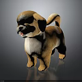 Brown And White Puppy Figurine With Shaggy Fur In Standing Pose On Dark Glossy Surface