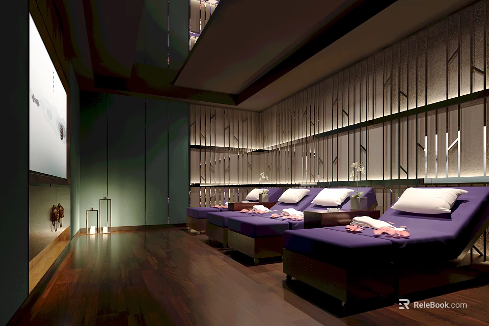 Relaxing SPA Sauna Interior With Purple Massage Beds Wooden Flooring And Soft Lighting 3d model 