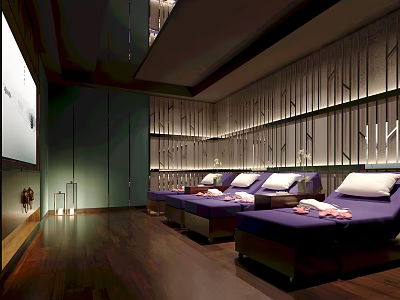 Relaxing SPA Sauna Interior With Purple Massage Beds Wooden Flooring And Soft Lighting 3d model