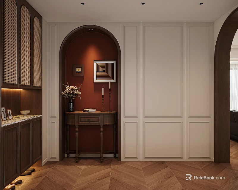 Elegant Entryway Hallway With Maroon Wall Console Table Framed Artwork And Herringbone Flooring 3d model