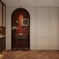 Elegant Entryway Hallway With Maroon Wall Console Table Framed Artwork And Herringbone Flooring 3d model