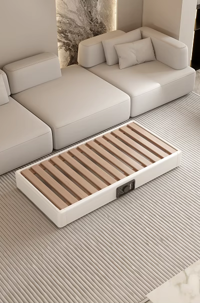 Modern Electric Foot Warmer Stool With White Frame And Wooden Slat Panel 3d model