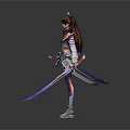 Female Game Movie Character Wearing Red Blue Combat Outfit With Sword And Mechanical Boots