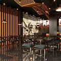 Modern Hotpot Restaurant Interior With Wooden Ceiling Plant Murals Warm Lighting And Food Display Screens