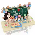 Happy Teacher's Day Scene With Grateful Students Flowers Balloons And Decorated Blackboard