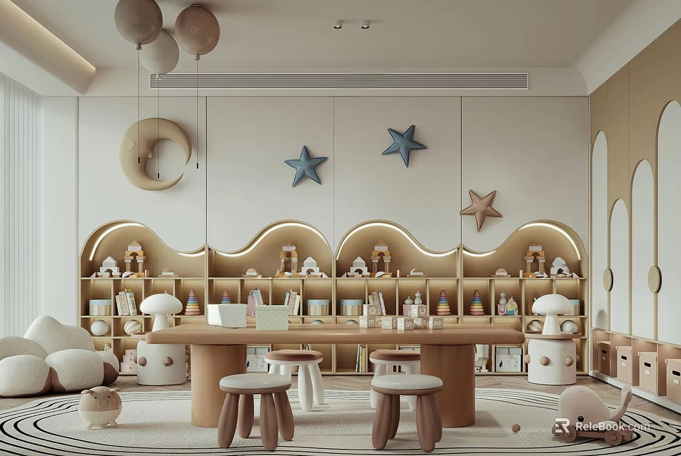 Cozy Modern Kindergarten Interior With Star Moon Decorations Bookshelves And Wooden Table Stools 3d model 