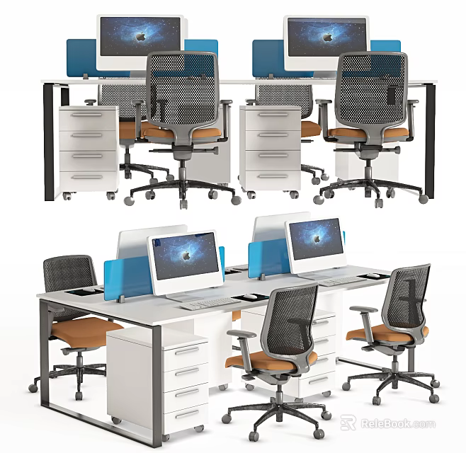 Modern Office Desk Setup With Ergonomic Chairs Computer Monitors And Drawers 3d model