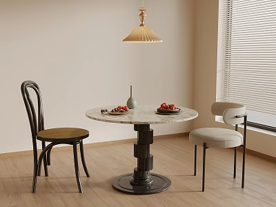 Interior Scene With Round Marble Table Vase Fruit Plate Two Chairs Pendant Light Window Blinds 3d model