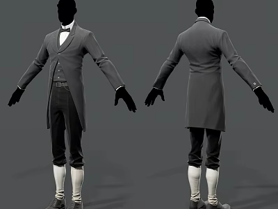 Male Model in Formal Tailcoat Waistcoat White Long Socks and Black Gloves Front Back View 3d model