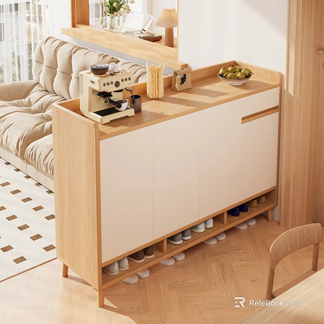 Modern Wooden Shoe Cabinet With White Panel Doors And Top Coffee Machine Fruit Bowl 3d model 