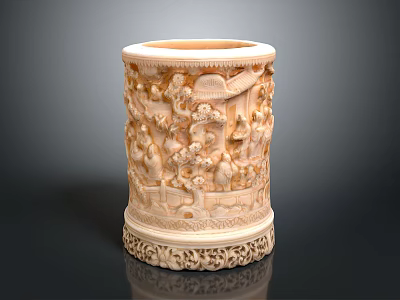 Exquisitely Carved Decorative Cylindrical Stationery Holder With Intricate Figurine Designs 3d model