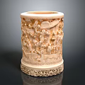 Exquisitely Carved Decorative Cylindrical Stationery Holder With Intricate Figurine Designs