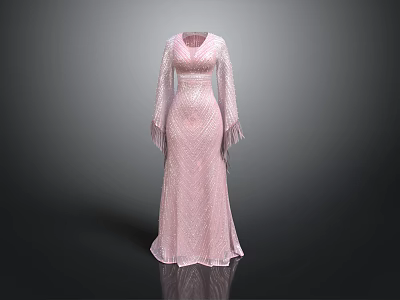 Pink Long Dress with V Neck Long Sleeves Fringe Decor Elegant Flowy Design 3d model