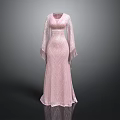 Pink Long Dress with V Neck Long Sleeves Fringe Decor Elegant Flowy Design