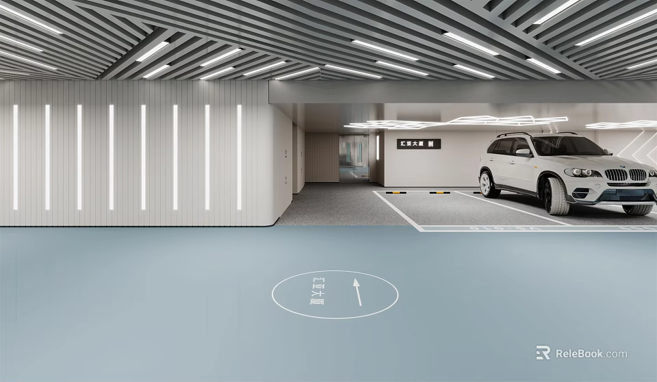 Modern Indoor Parking Garage Design Featuring White SUV Floor Arrows And Ceiling Lighting 3d model 